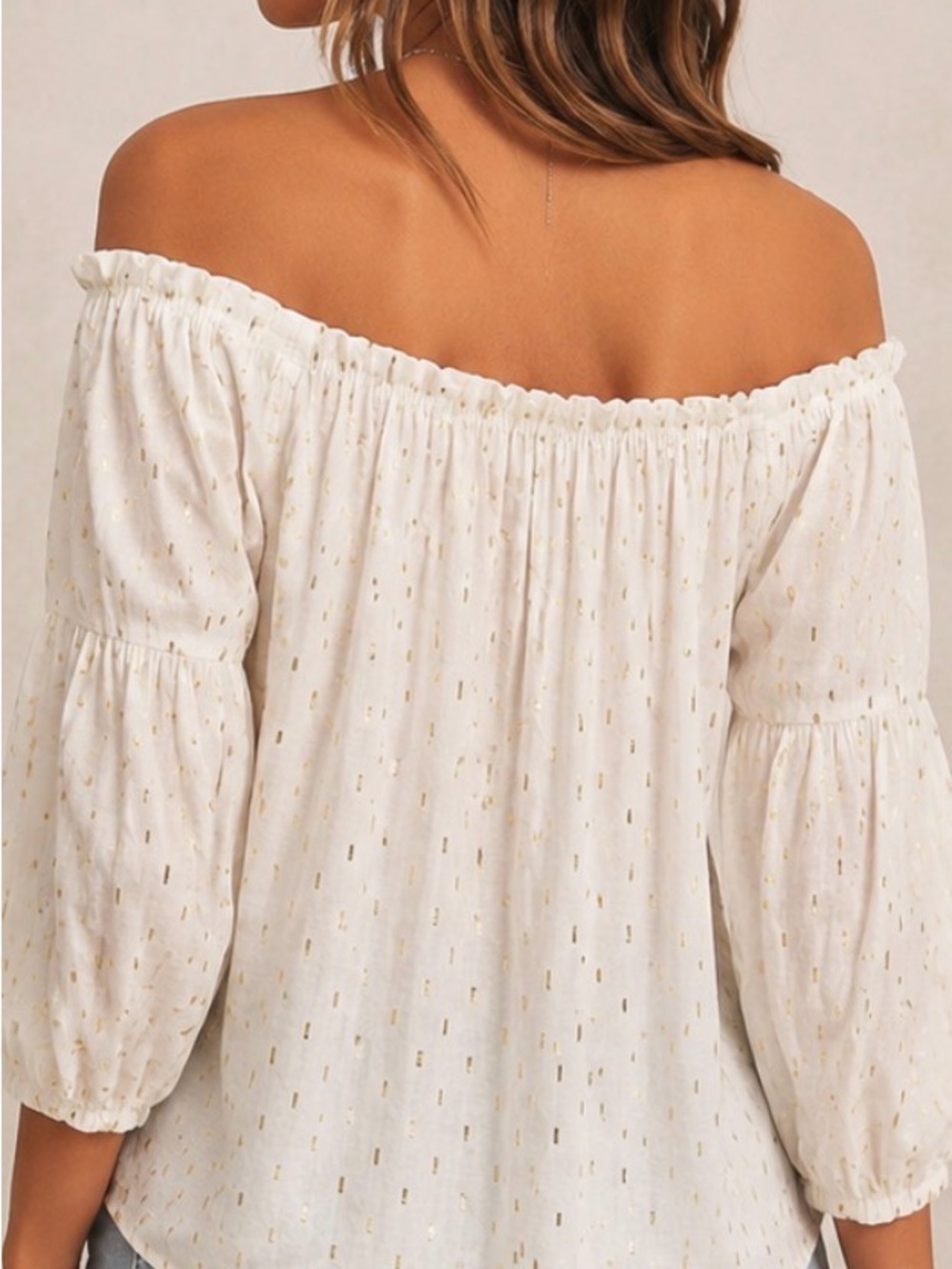 LUCKY BRAND NWT IVORY GOLD METALLIC OFF SHOULDER PEASANT BLOUSE SIZE S BOHO - Picture 2 of 11